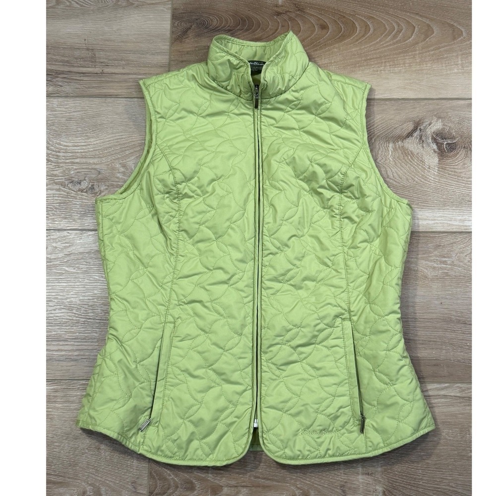 Eddie Bauer Womens M Lime Green Quilted Puffer Vest Full Zip Mock Neck